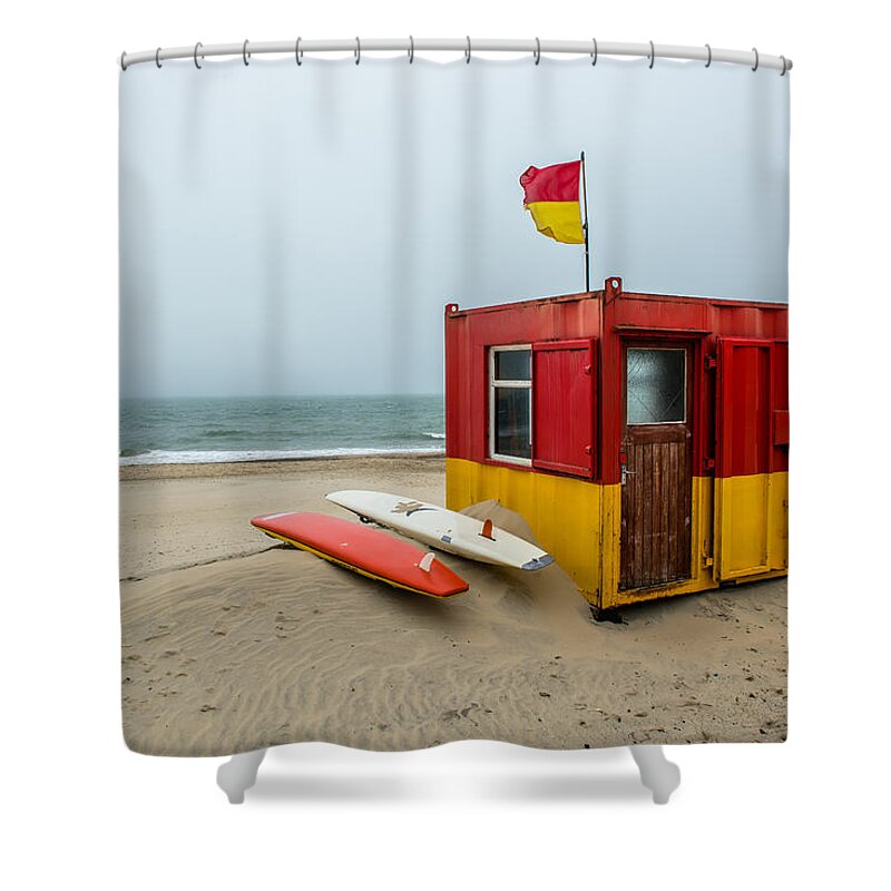 Ireland Shower Curtain featuring the photograph Lifeguard Station at Brittas Bay in Ireland by Andreas Berthold