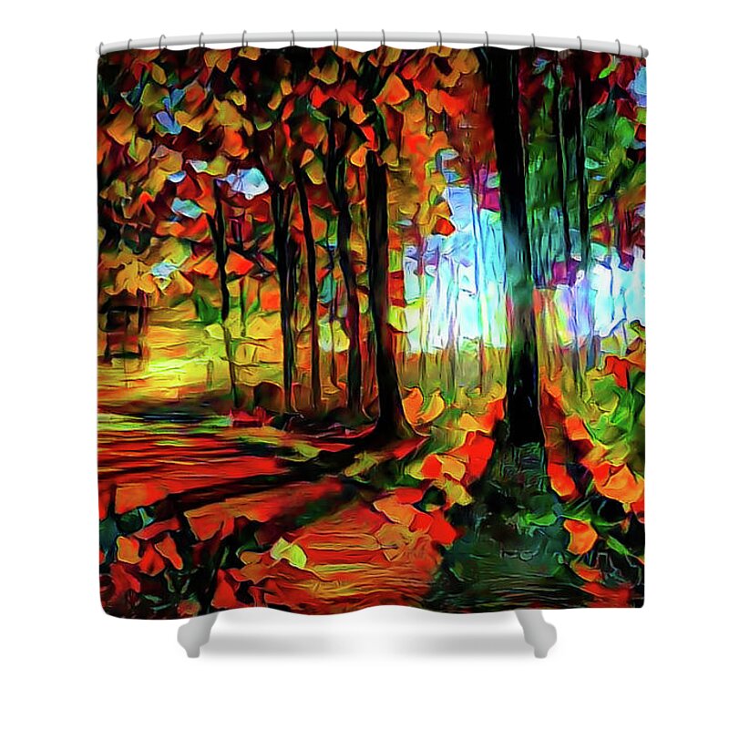 Light Through The Tree Shower Curtain featuring the mixed media Light in the autumn woods by Lilia S