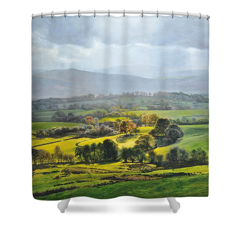Wales Shower Curtain featuring the painting Light in the Valley at Rhug. by Harry Robertson