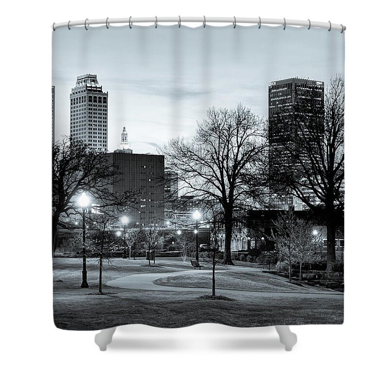 Tulsa Shower Curtain featuring the photograph Lighted Walkway to the Tulsa Oklahoma Skyline - Selenium BW by Gregory Ballos