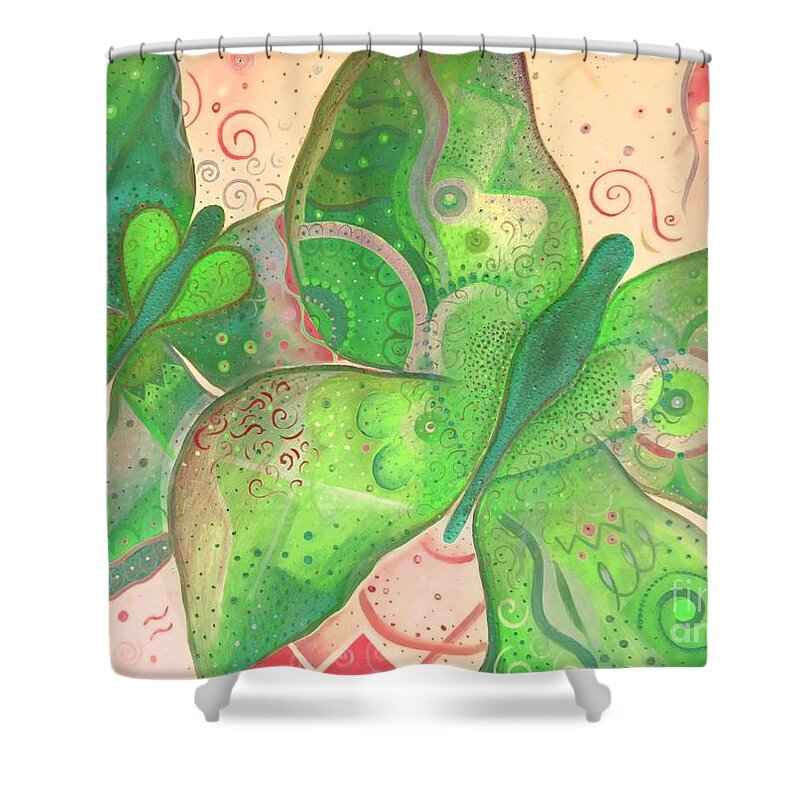 Moth Shower Curtain featuring the painting Lighthearted In Green On Red by Helena Tiainen