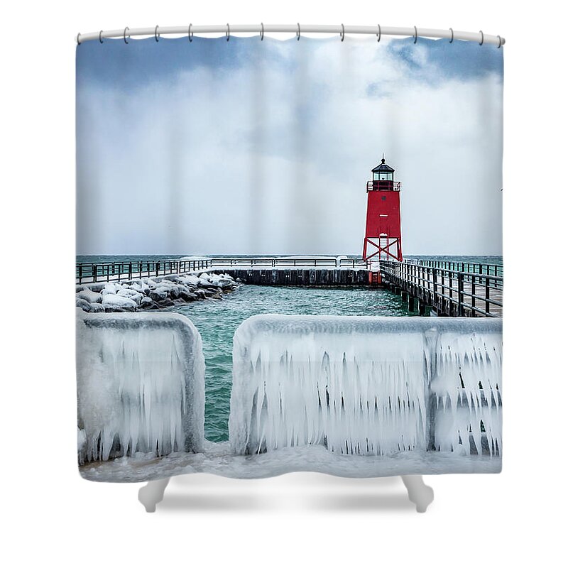  Shower Curtain featuring the photograph Lighthouse and Ice by Framing Places