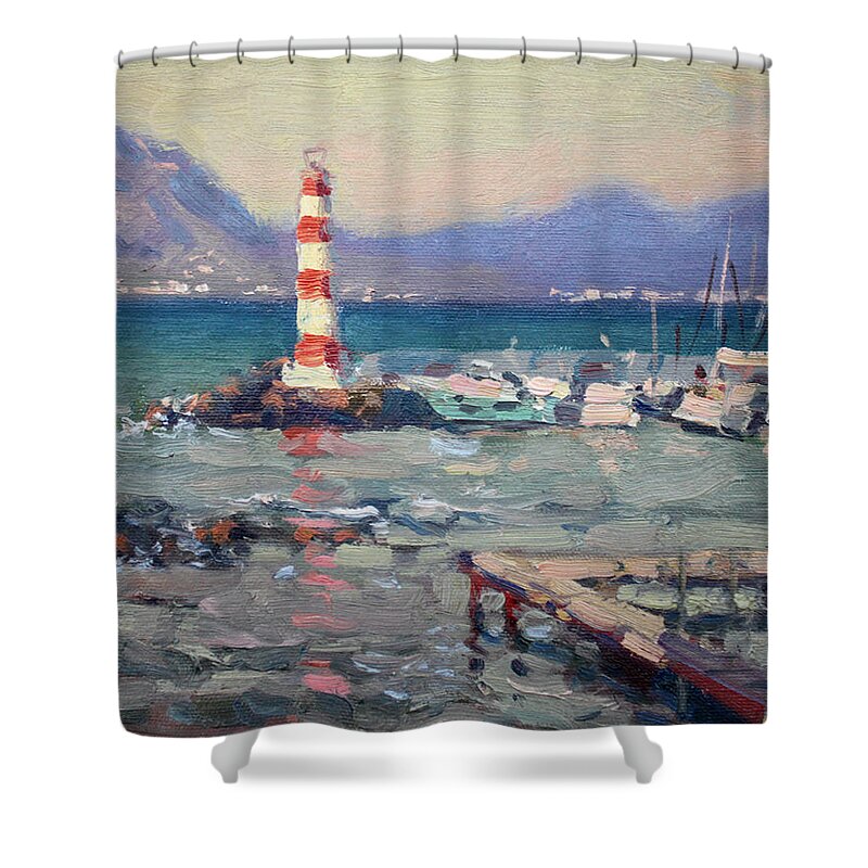 Lighthouse Shower Curtain featuring the painting Lighthouse at Dilesi Harbor Greece by Ylli Haruni