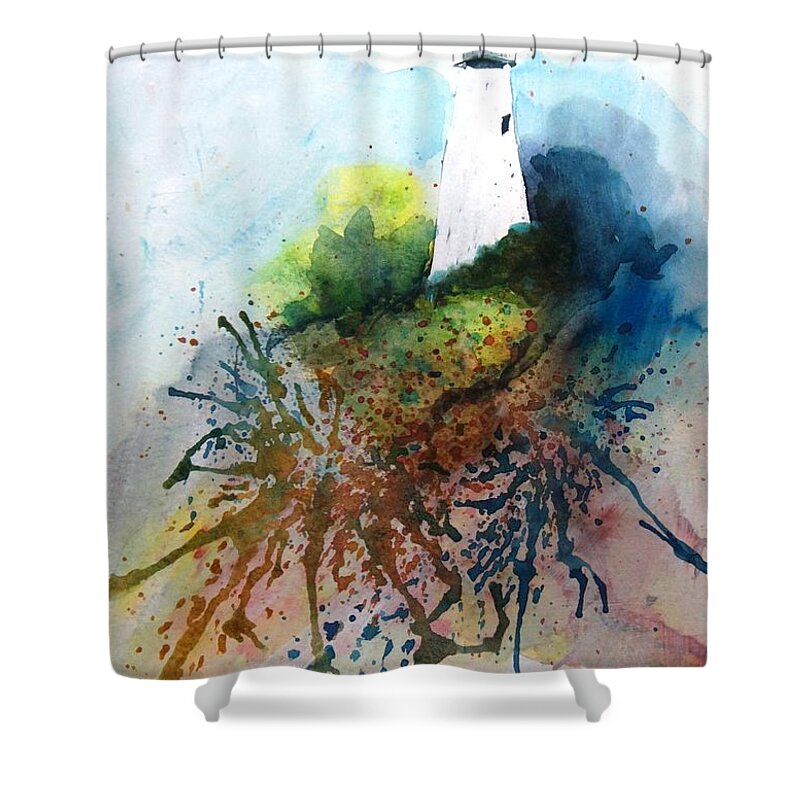 Lighthouse Shower Curtain featuring the painting Lighthouse I - original sold by Therese Alcorn