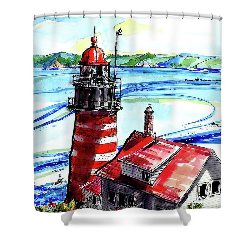 Maine Shower Curtain featuring the painting Lighthouse In Maine by Terry Banderas