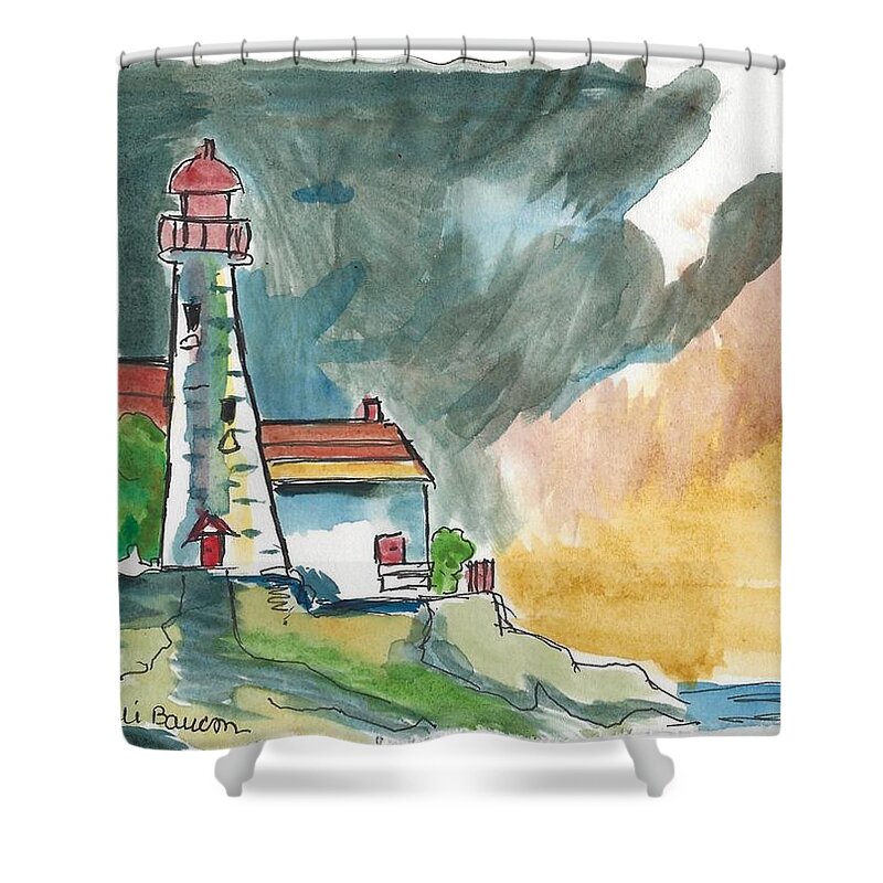 Watercolor Shower Curtain featuring the painting Lighthouse on the Hill Part Deux by Ali Baucom