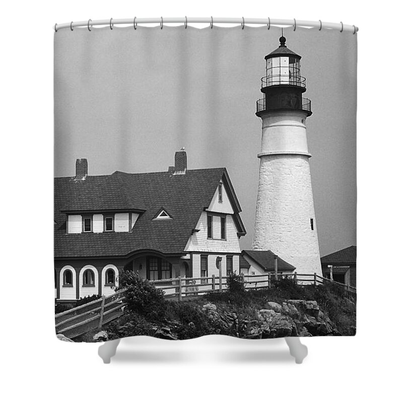 America Shower Curtain featuring the photograph Lighthouse - Portland Head, Maine 2 BW by Frank Romeo