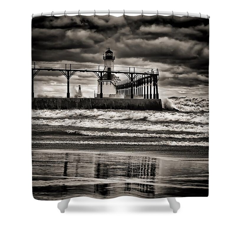 Reflections Shower Curtain featuring the photograph Lighthouse Reflections in Black and White by Scott Wood
