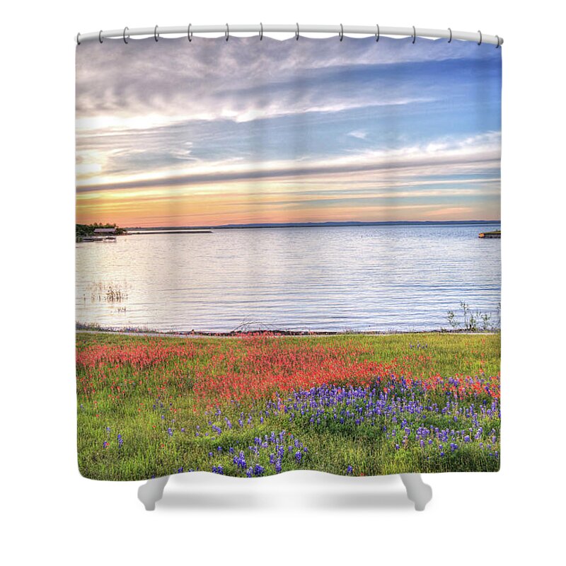Bluebonnets Shower Curtain featuring the photograph Lighthouse Sunset at Lake Buchanan by Lynn Bauer
