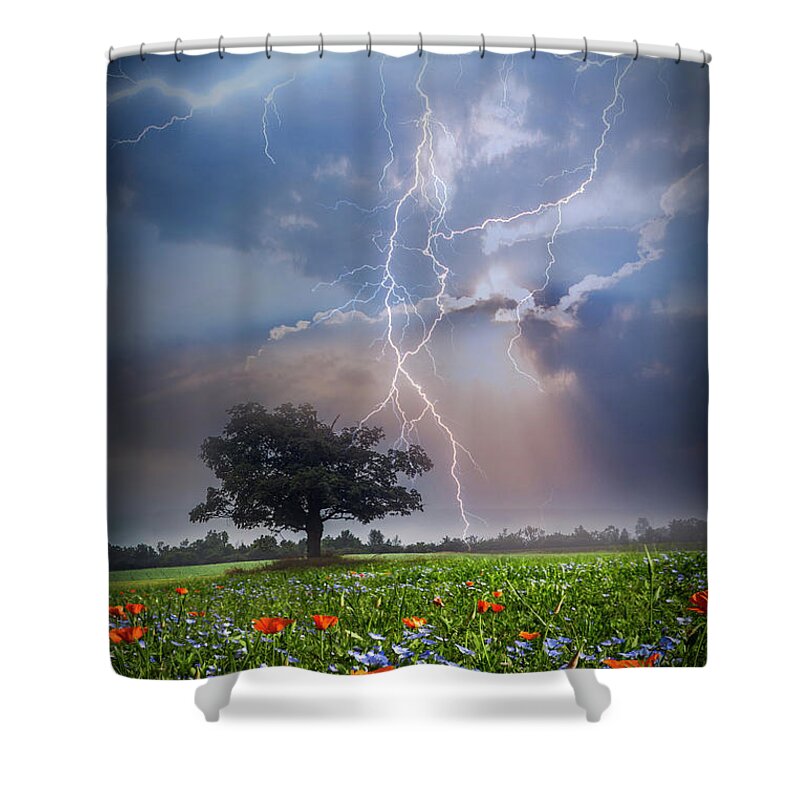 Barn Shower Curtain featuring the photograph Lightning at Sunset After the Rain by Debra and Dave Vanderlaan