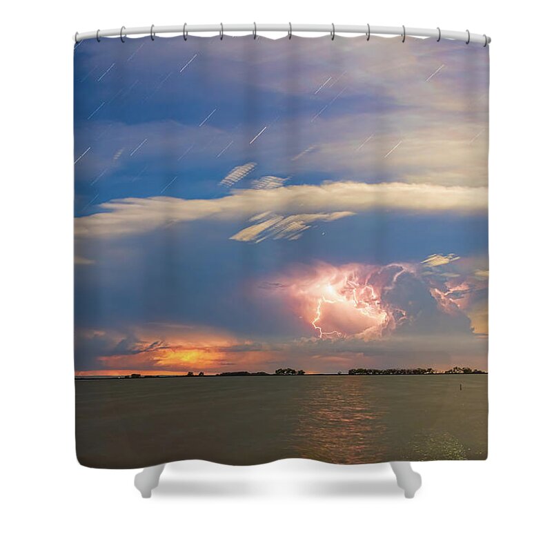 Storm Shower Curtain featuring the photograph Lightning at Sunset with Star Trails by James BO Insogna
