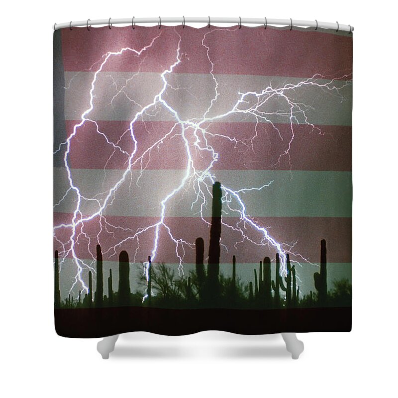 Americano Shower Curtain featuring the photograph Lightning Storm in the USA Desert Flag Background by James BO Insogna