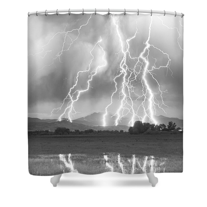 Foothills Shower Curtain featuring the photograph Lightning Striking Longs Peak Foothills 4CBW by James BO Insogna