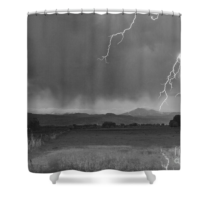 Lightning Shower Curtain featuring the photograph Lightning Striking Longs Peak Foothills 5BW by James BO Insogna