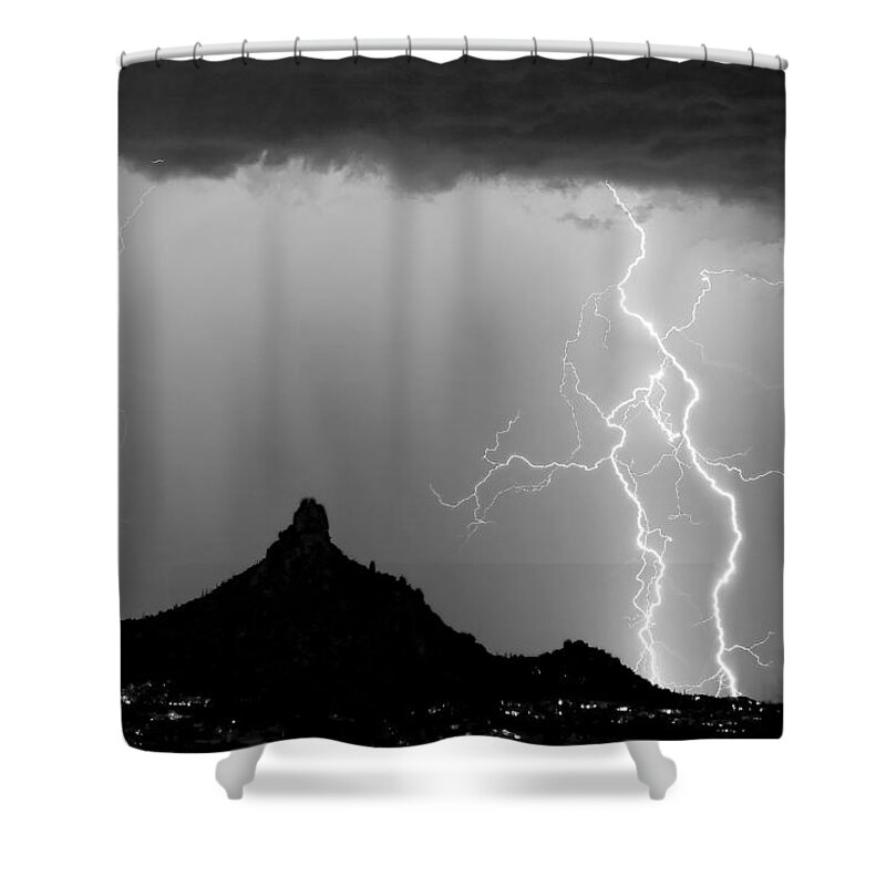 Pinnacle Peak Shower Curtain featuring the photograph Lightning Thunderstorm at Pinnacle Peak BW by James BO Insogna