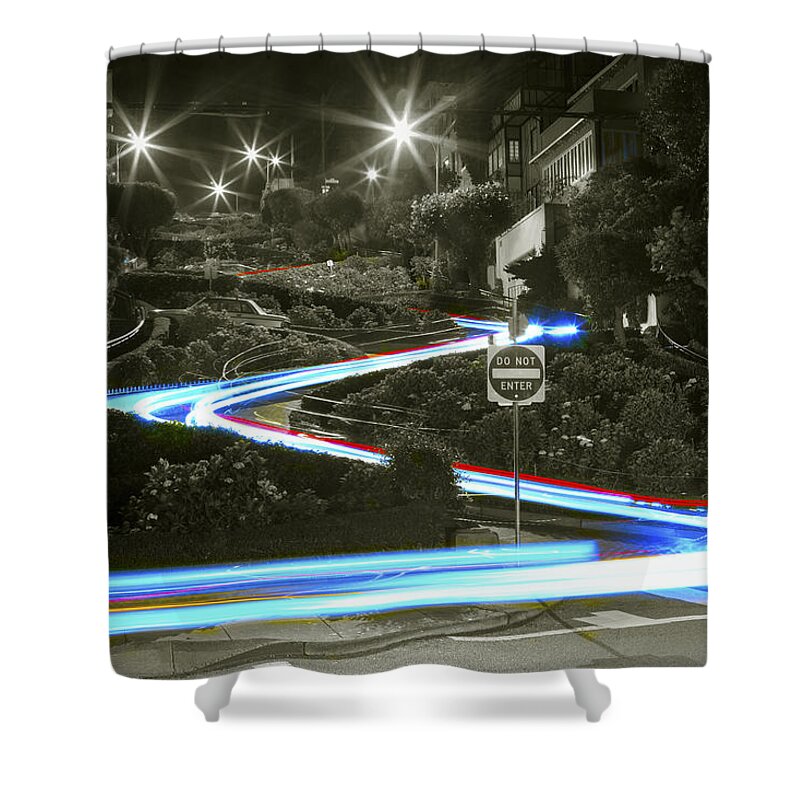 Lights Shower Curtain featuring the photograph Lights on Lombard Black and White by Bryant Coffey