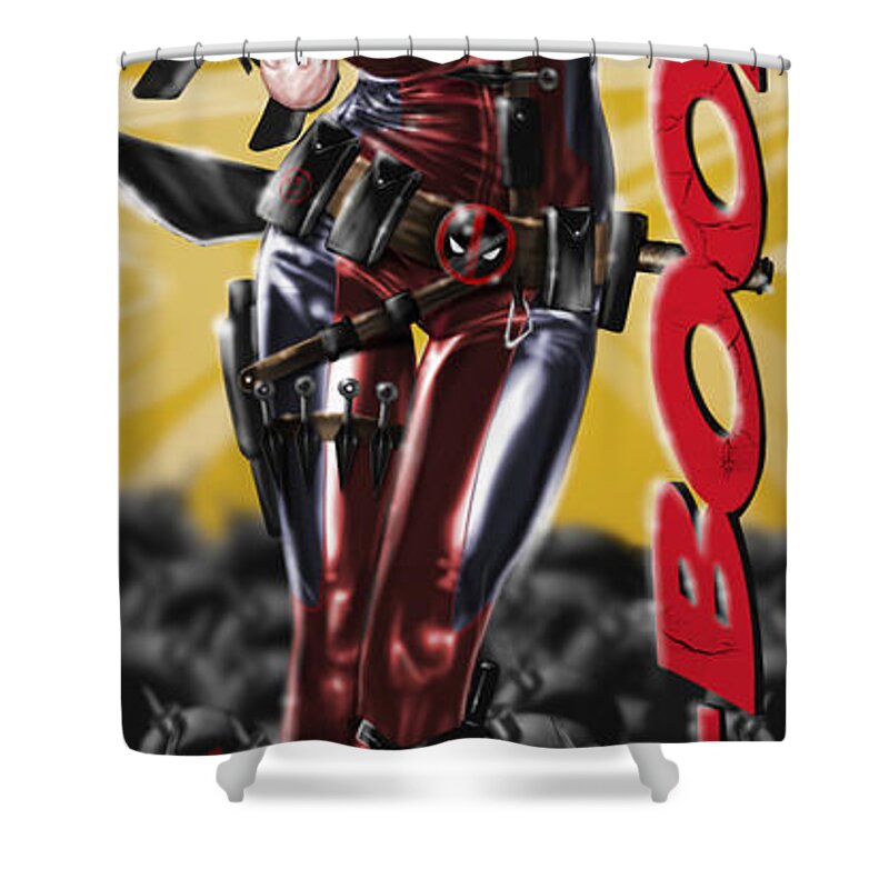 Pete Shower Curtain featuring the painting Lil Miss Deadpool by Pete Tapang