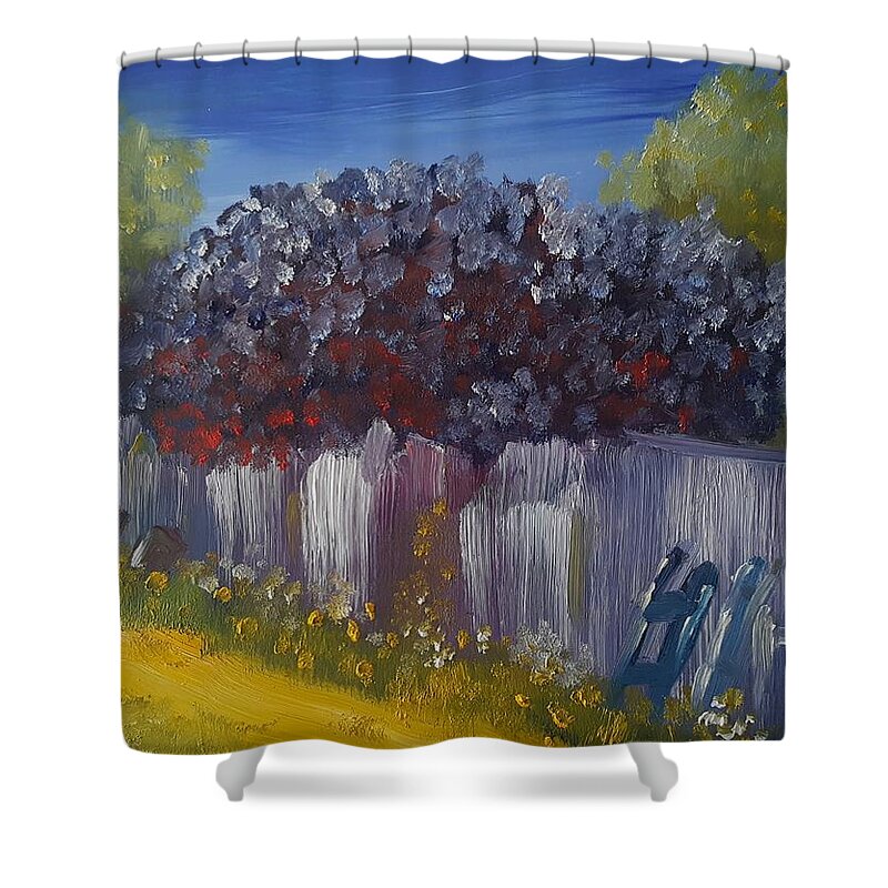 Landscape Shower Curtain featuring the painting Lilacs on a Fence by Steve Jorde