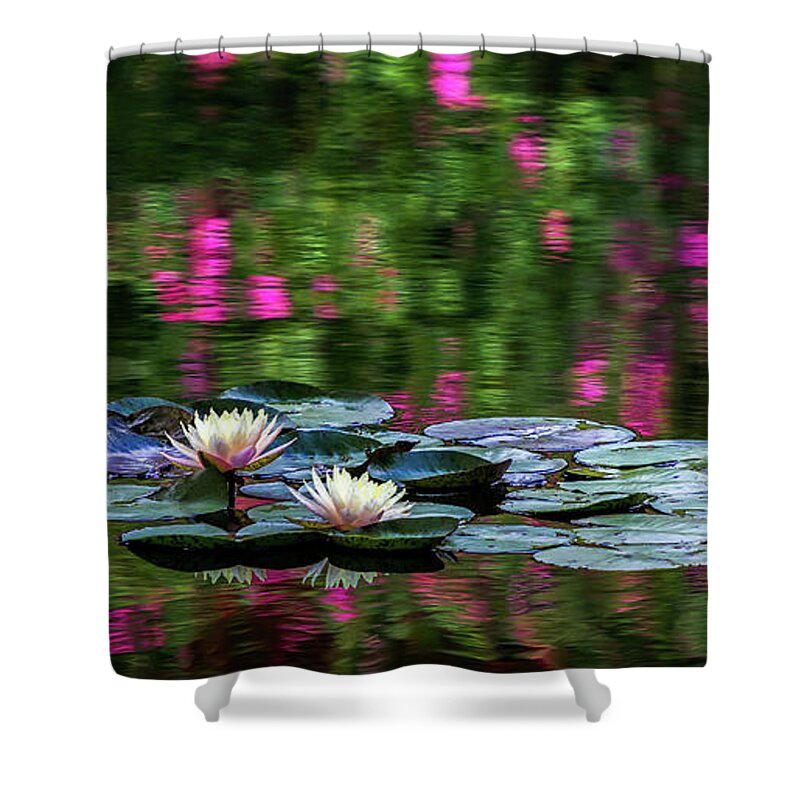 Gibbs Gardens Shower Curtain featuring the photograph Lilies And Crape Myrtle by Doug Sturgess