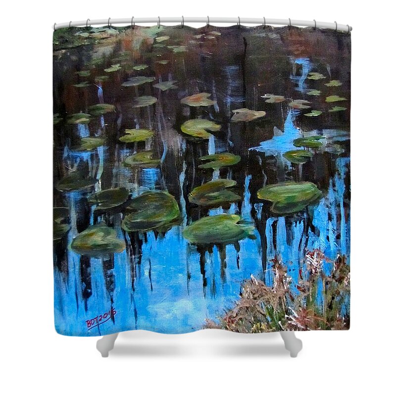 Acrylic Shower Curtain featuring the painting Lilly Pads and Reflections by Barbara O'Toole