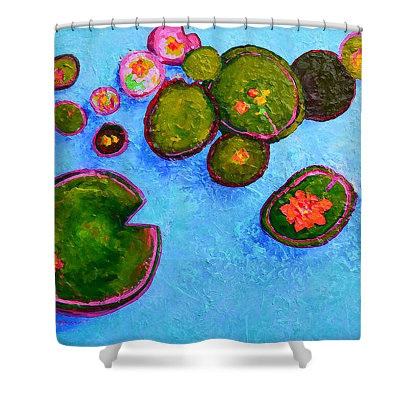 Lily Pads Waterlilies Modern Impressionist Landscape Palette Knife Artwork Unique Art Shower Curtain featuring the painting Lily Pads Waterlilies Pond Modern Impressionist Landscape palette knife Artwork by Patricia Awapara