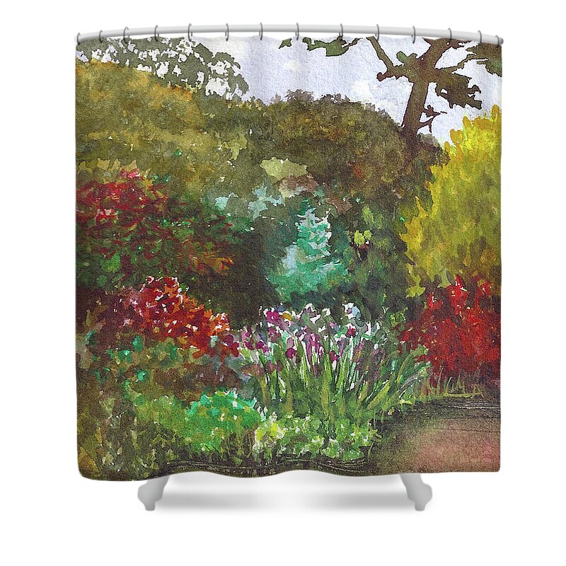 Trees Shower Curtain featuring the mixed media Lily Pond by Karen Coggeshall