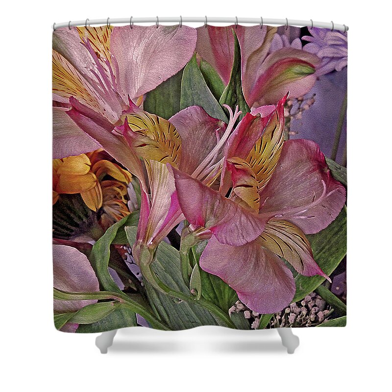 Lily Shower Curtain featuring the mixed media Lily Profusion 7 by Lynda Lehmann