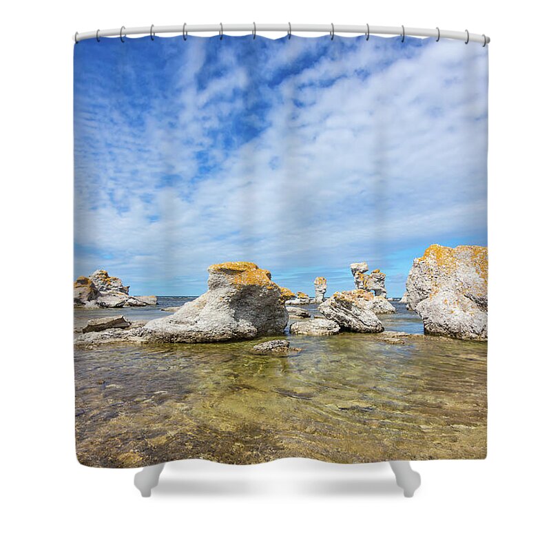 Sea Shower Curtain featuring the photograph Limestone formations in Gotland, Sweden by GoodMood Art