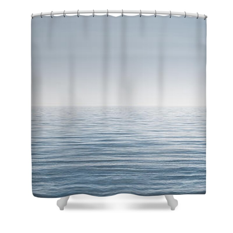 Water Ocean Lake Horizon Blue Monochrome Conceptual Contemplative Waves Infinite Clear Fog Haze Minimal Minimalist Infinity Boundless Far Landscape Wide Panorama Clear Sky Body Of Water No Limit Limitless Manipulated 365 Project Photo A Day Explore Photography Scott Norris Photography Peaceful Shower Curtain featuring the photograph Limitless by Scott Norris