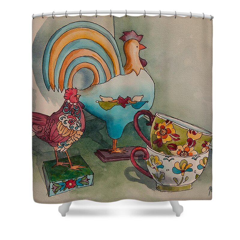 Still Life Shower Curtain featuring the painting Linda's Chickens II by Heidi E Nelson