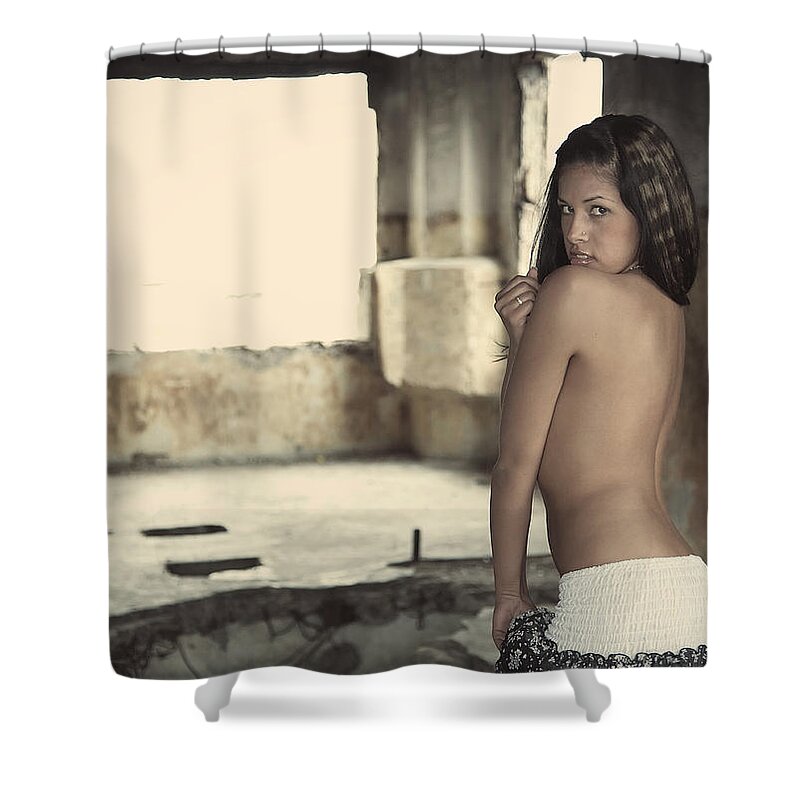 Russian Artist New Wave Shower Curtain featuring the photograph Linda's Seduction by Vitaly Vakhrushev