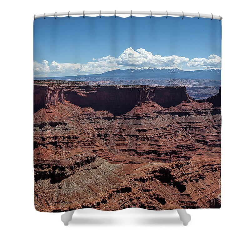 Red Rocks Shower Curtain featuring the photograph Line Upon Line by Jim Garrison