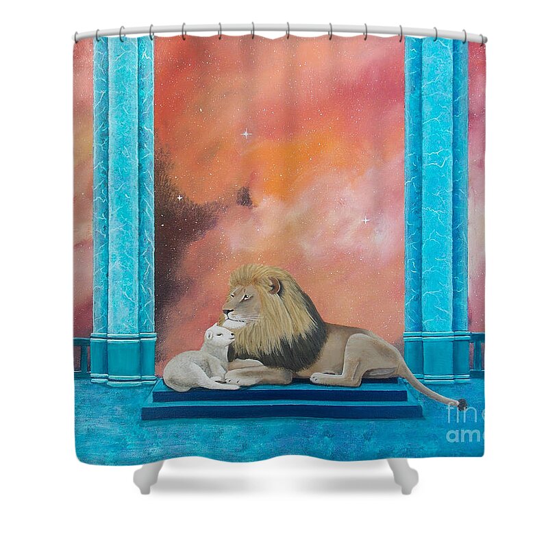 Lion Shower Curtain featuring the painting Lion and Lamb by Tracey Goodwin