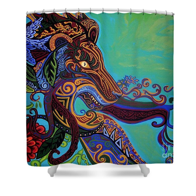 Gargoyle Lion Shower Curtain featuring the painting Lion Gargoyle by Genevieve Esson
