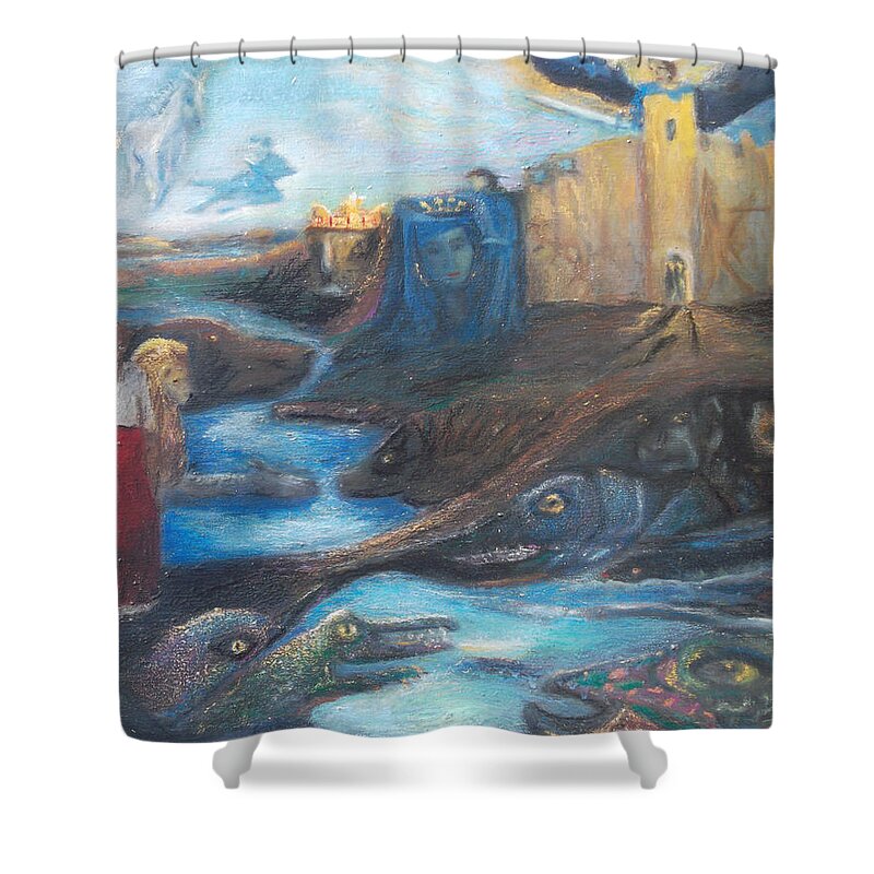 Symbolic Shower Curtain featuring the painting Lion Girl by Susan Esbensen