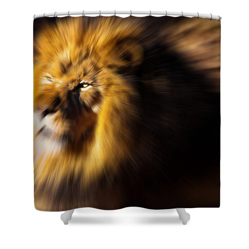 Lion Shower Curtain featuring the digital art Lion The King is Comming by Flees Photos