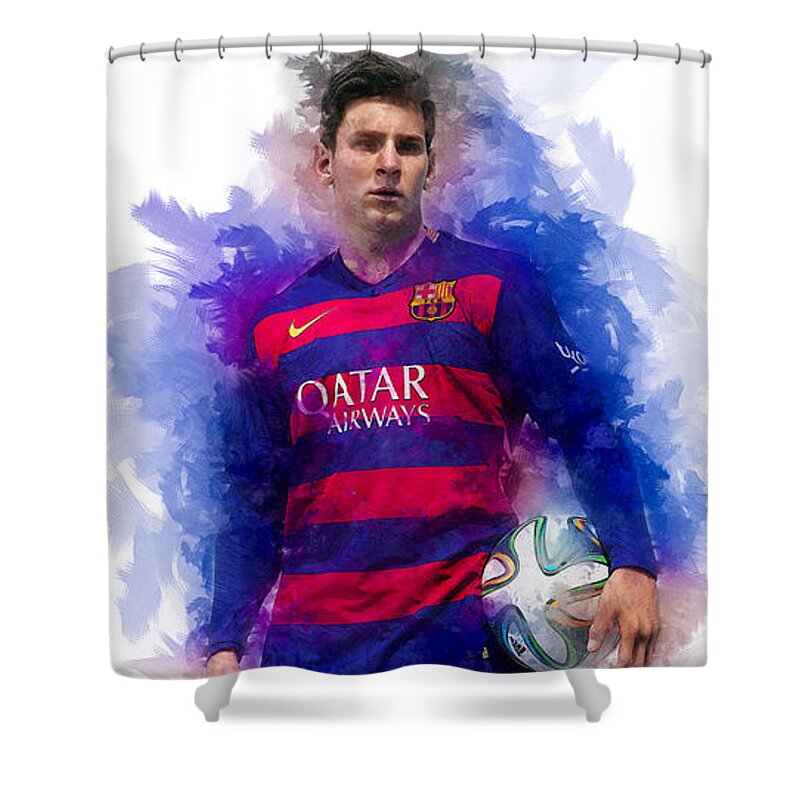 Football Shower Curtain featuring the digital art Lionel Messi by Ian Mitchell