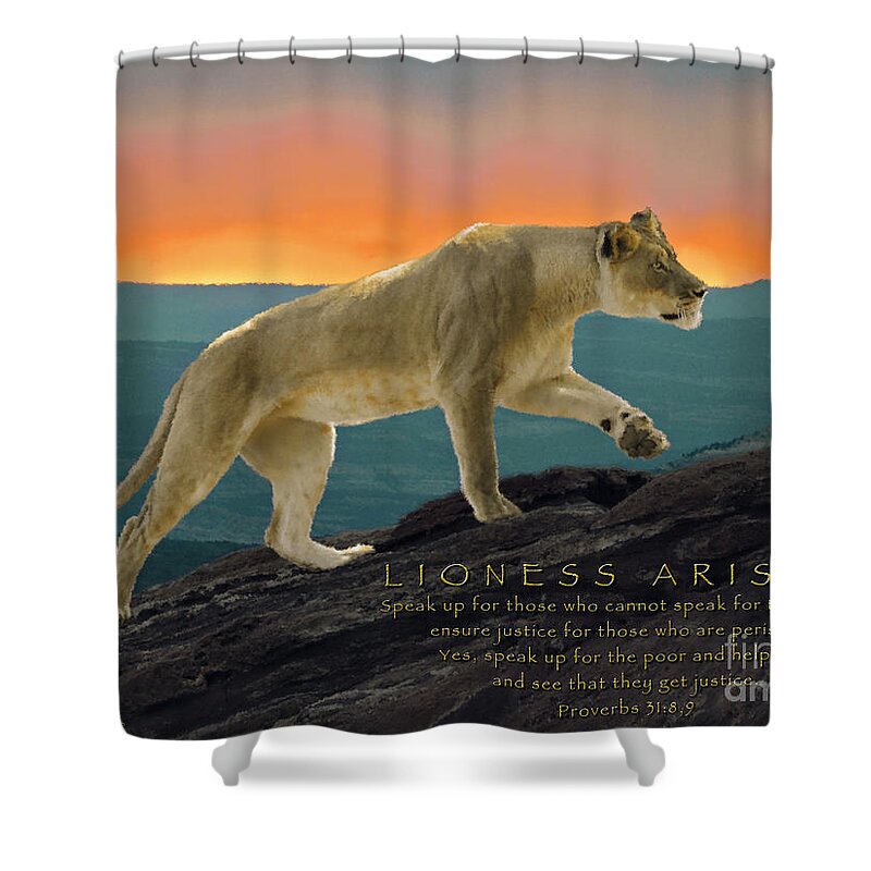 Lioness Arising Shower Curtain featuring the photograph Lioness Arising by Constance Woods