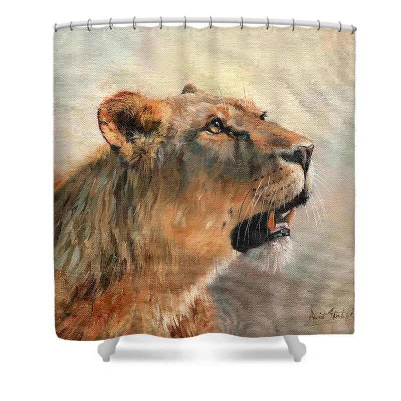 Lioness Shower Curtain featuring the painting Lioness Portrait 2 by David Stribbling