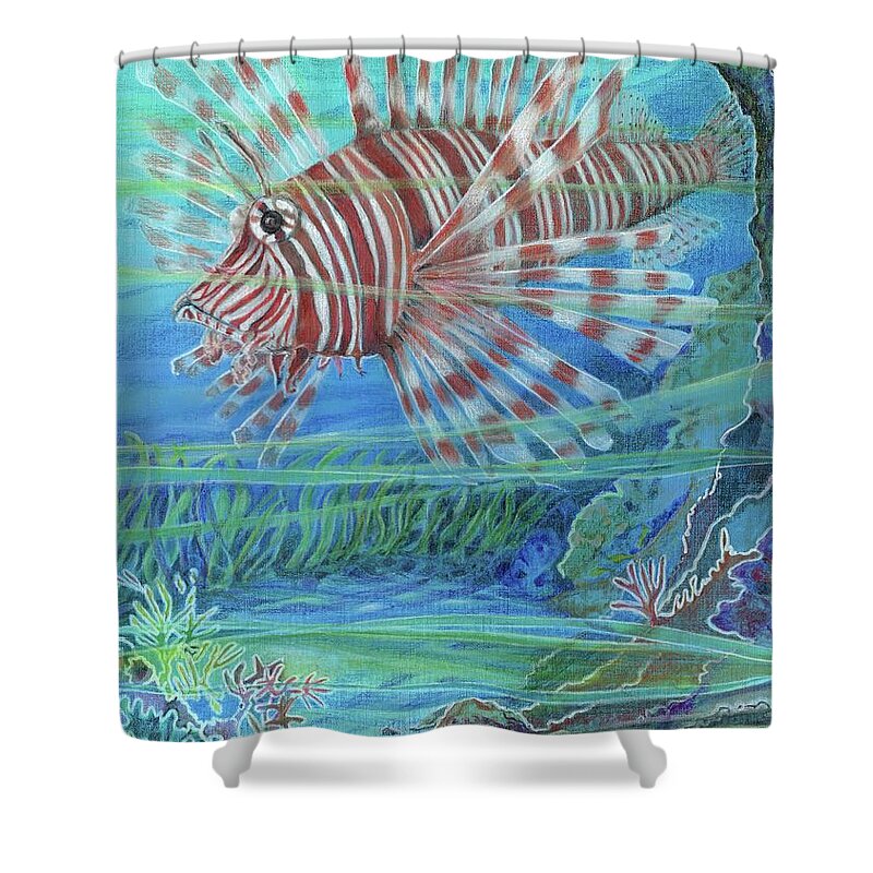 Ocean Shower Curtain featuring the painting Lionfish Blues by Amelia Stephenson at Ameliaworks