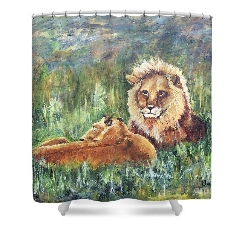 Lions Shower Curtain featuring the painting Lions Resting by Janis Lee Colon