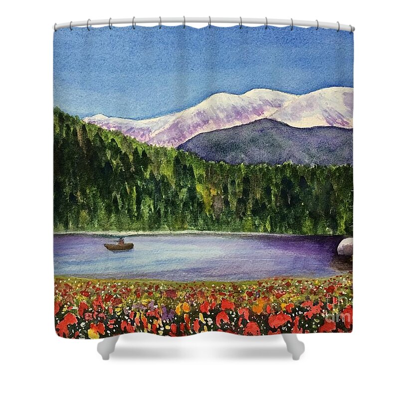 Mountains Shower Curtain featuring the painting Little Bit of Paradise by Sue Carmony