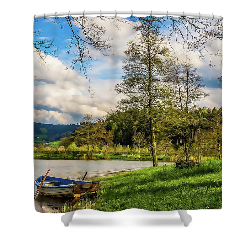 Little Boat Shower Curtain featuring the painting Little Boat by Harry Warrick