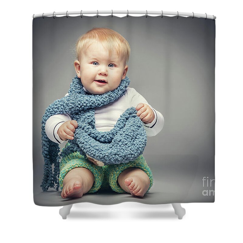 Kid Shower Curtain featuring the photograph Little boy smiling at the camera. by Michal Bednarek