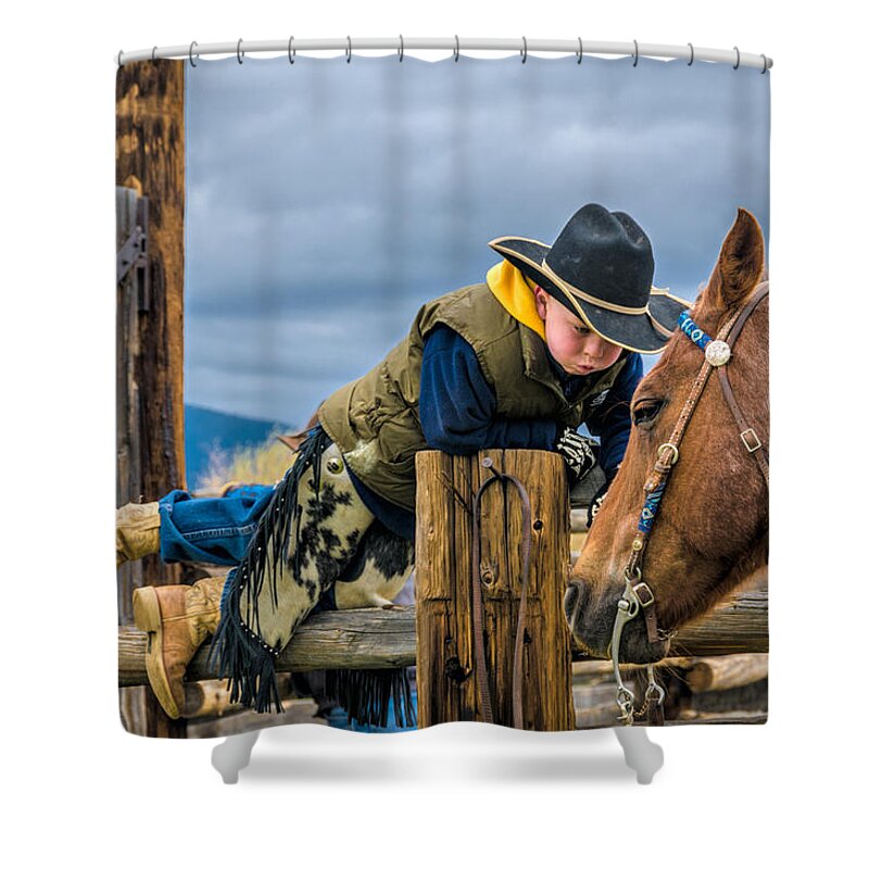 Cattle Roundup Shower Curtain featuring the photograph Little Buckaroo by Maria Coulson