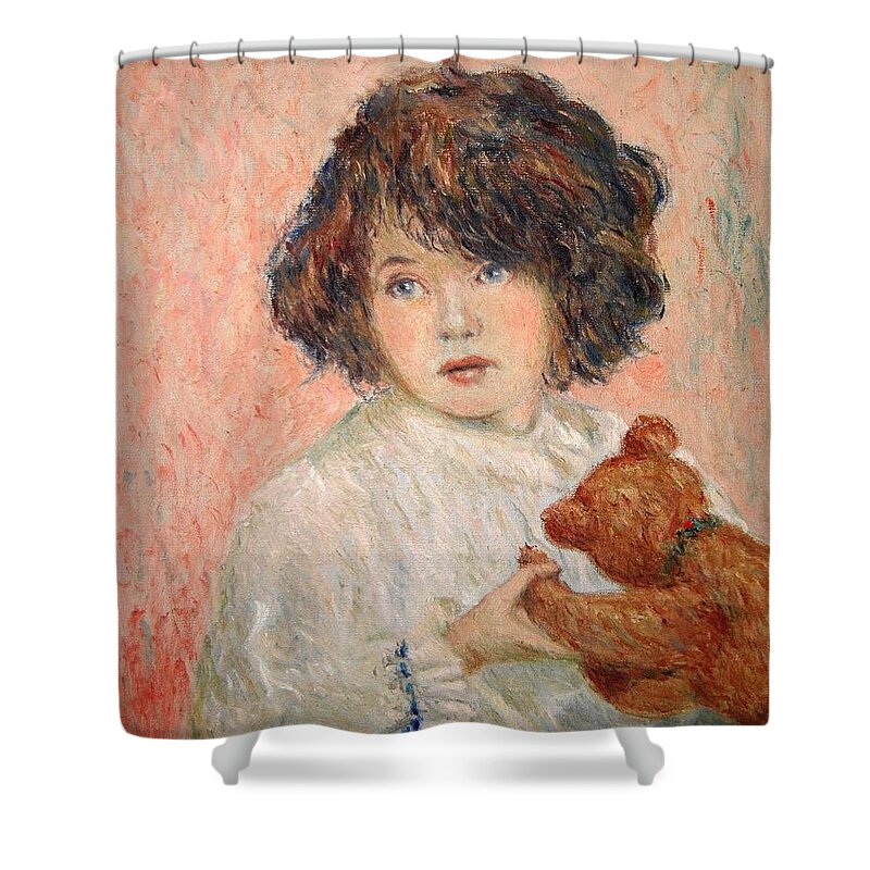 Art Shower Curtain featuring the painting Little Girl With Bear by Pierre Dijk