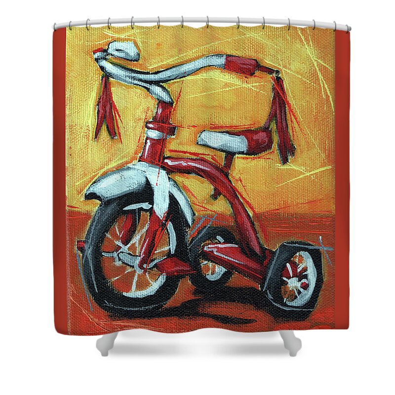 Art Shower Curtain featuring the painting Little red trike by Arturo Vilmenay