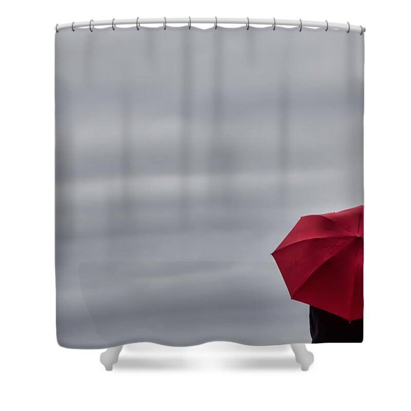 Umbrella Shower Curtain featuring the photograph Little Red Umbrella in a Big Universe by Don Schwartz