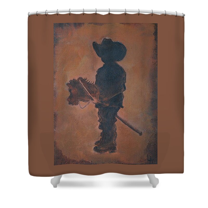 Boy Painting Shower Curtain featuring the painting Little Rider by Leslie Allen