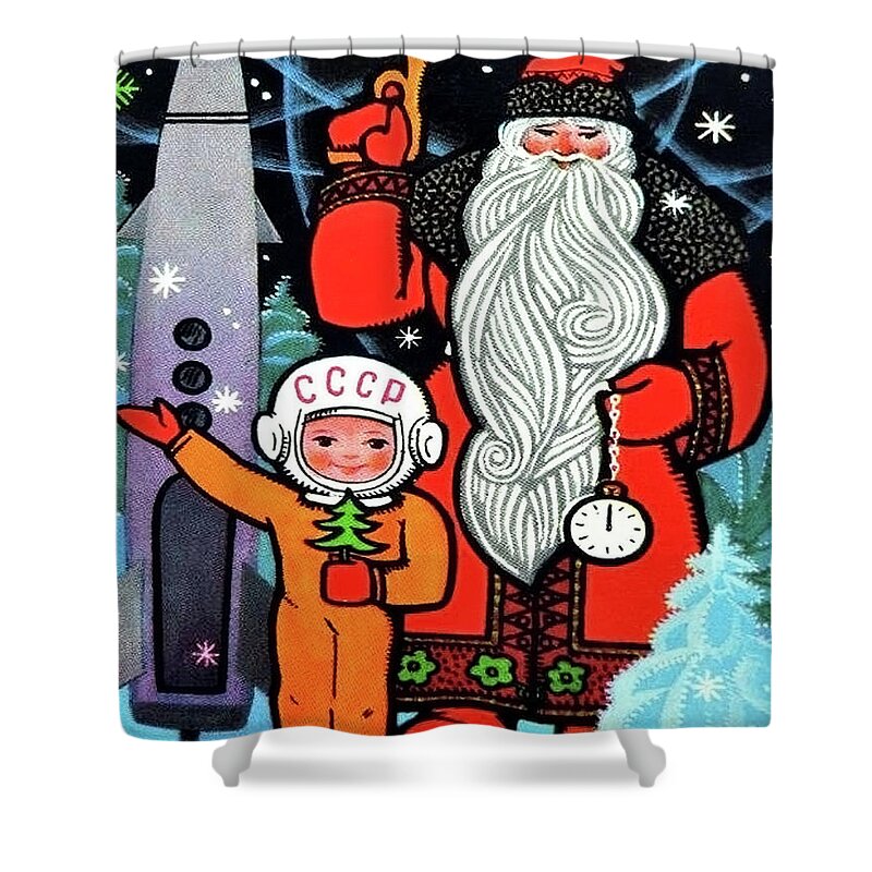 Little Shower Curtain featuring the mixed media Little soviet astronaut with Santa by Long Shot